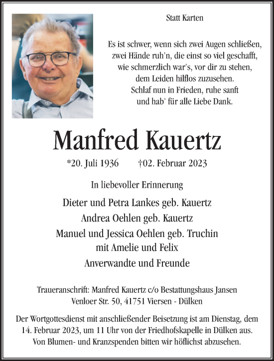 Traueranzeige von Manfred Kauertz von trauer.extra-tipp-moenchengladbach.de