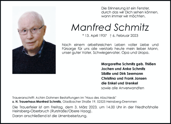Traueranzeige von Manfred Schmitz von trauer.extra-tipp-moenchengladbach.de