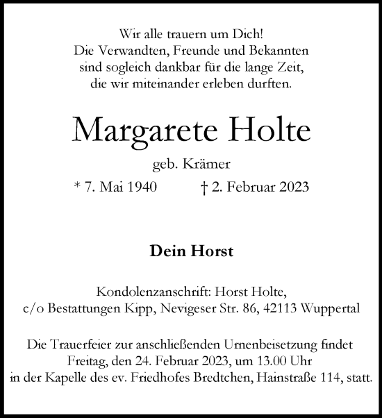 Traueranzeige von Margarete Holte von trauer.wuppertaler-rundschau.de