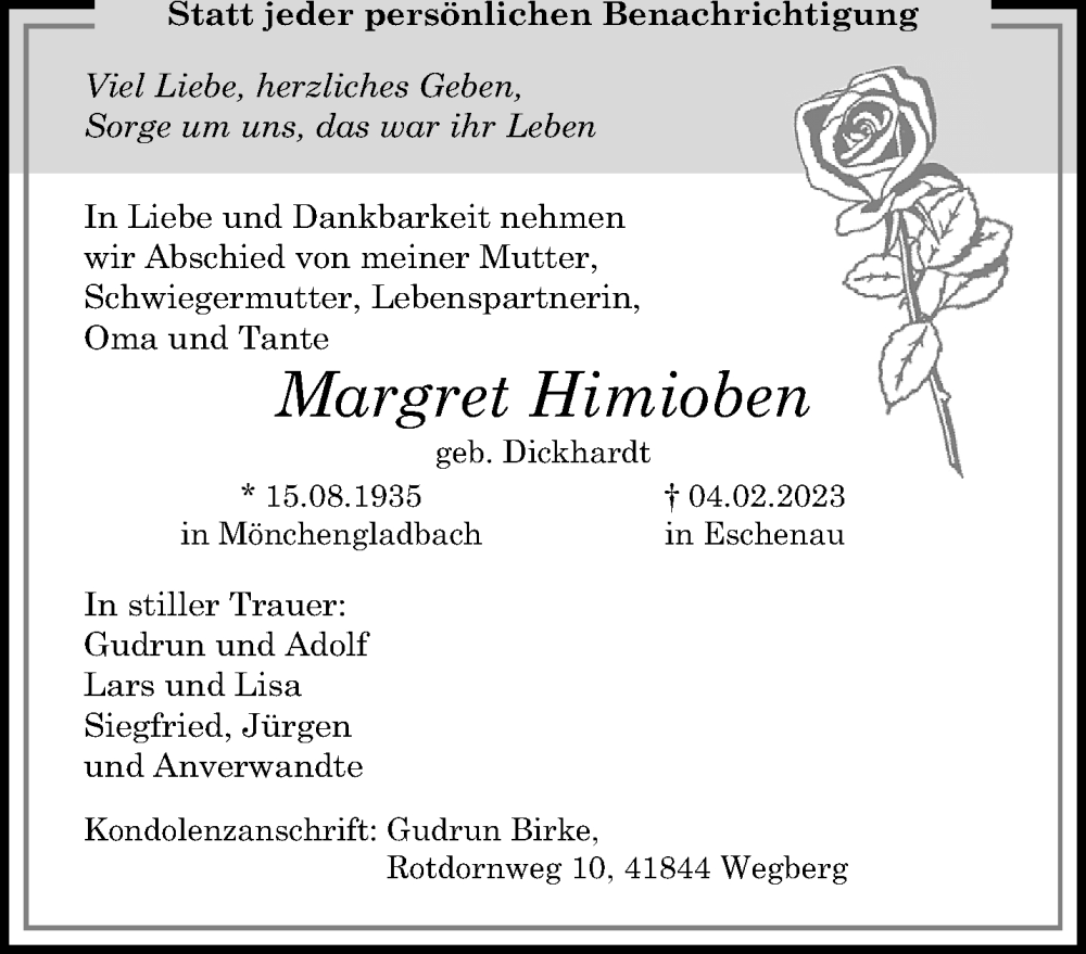  Traueranzeige für Margret Himioben vom 12.02.2023 aus trauer.extra-tipp-moenchengladbach.de