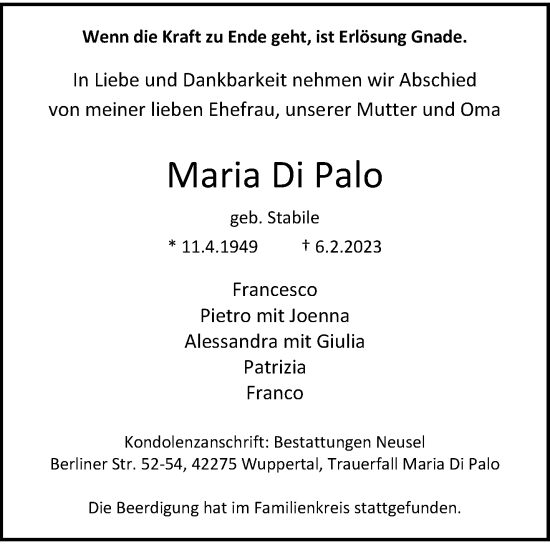 Traueranzeige von Maria Di Palo von trauer.wuppertaler-rundschau.de