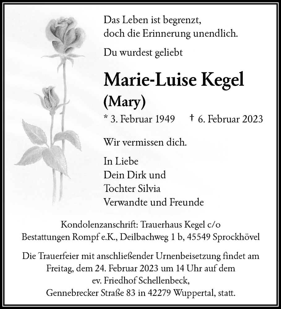  Traueranzeige für Marie-Luise Kegel vom 18.02.2023 aus trauer.wuppertaler-rundschau.de