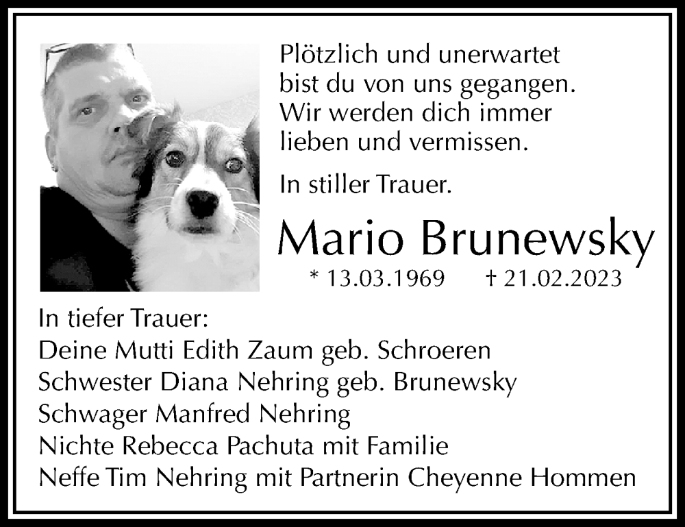  Traueranzeige für Mario Brunewsky vom 26.02.2023 aus trauer.extra-tipp-moenchengladbach.de