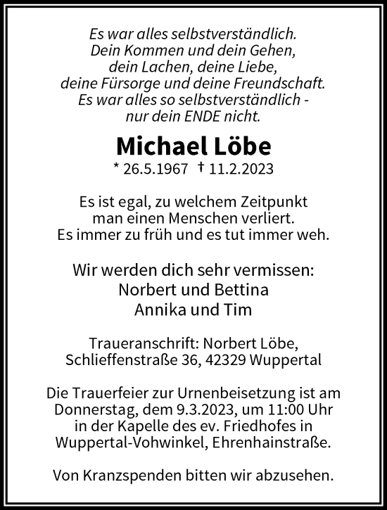 Traueranzeige von Michael Löbe von trauer.wuppertaler-rundschau.de