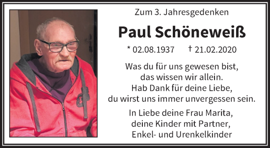 Traueranzeige von Paul Schöneweiß von trauer.wuppertaler-rundschau.de