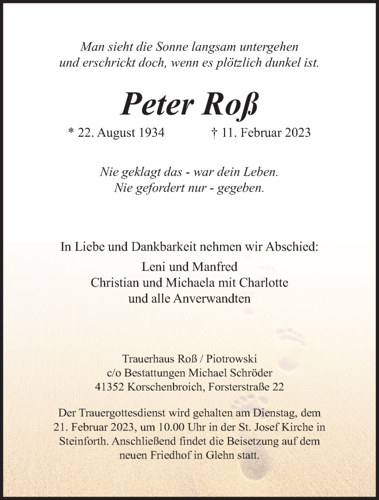  Traueranzeige für Peter Roß vom 19.02.2023 aus trauer.extra-tipp-moenchengladbach.de