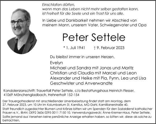 Traueranzeige von Peter Settele von trauer.extra-tipp-moenchengladbach.de