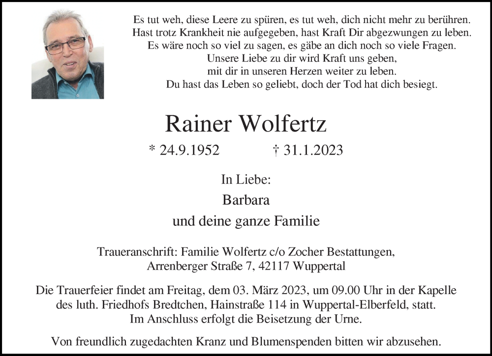  Traueranzeige für Rainer Wolfertz vom 25.02.2023 aus trauer.wuppertaler-rundschau.de