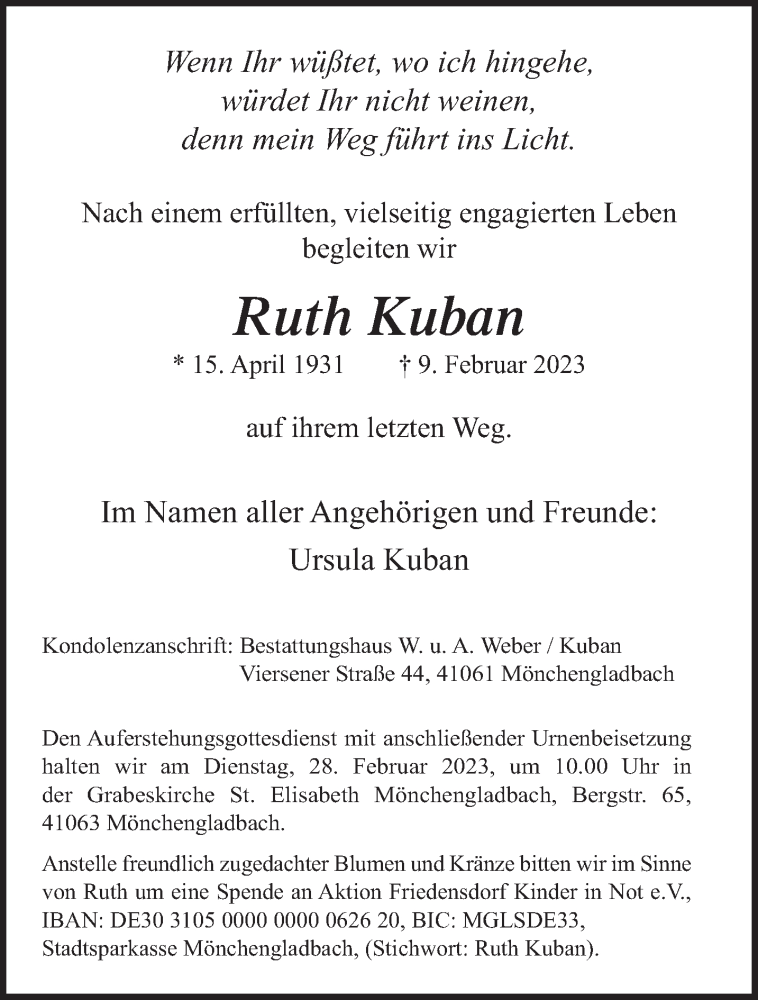 Traueranzeige für Ruth Kuban vom 19.02.2023 aus trauer.extra-tipp-moenchengladbach.de