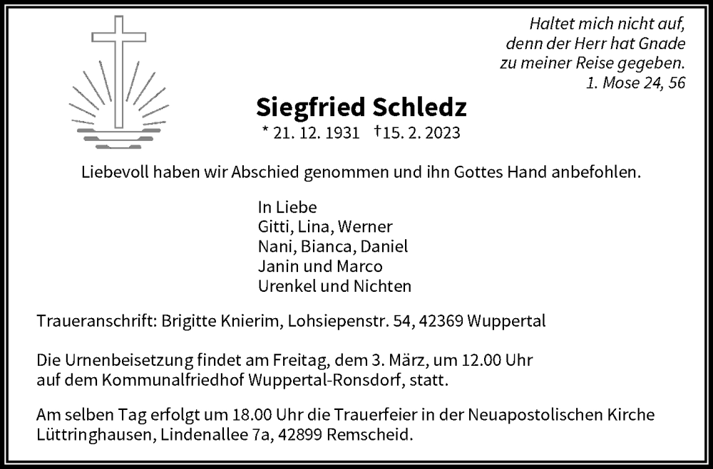  Traueranzeige für Siegfried Schledz vom 25.02.2023 aus trauer.wuppertaler-rundschau.de