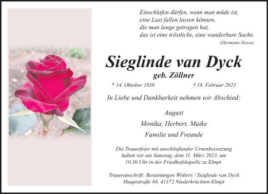 Traueranzeige von Sieglinde van Dyck von trauer.extra-tipp-moenchengladbach.de