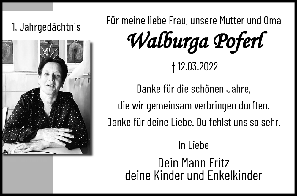  Traueranzeige für Walburga Poferl vom 12.03.2023 aus trauer.mein.krefeld.de