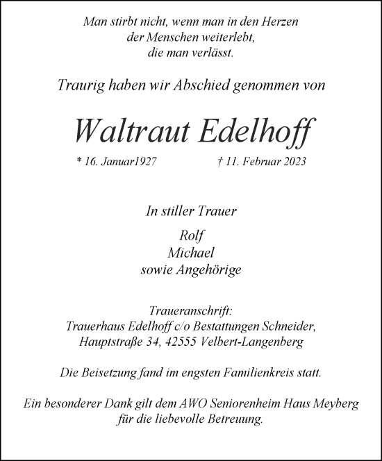 Traueranzeige von Waltraut Edelhoff von trauer.wuppertaler-rundschau.de