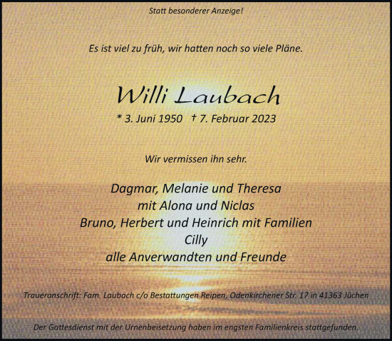 Traueranzeige von Willi Laubach von trauer.stadt-kurier.de