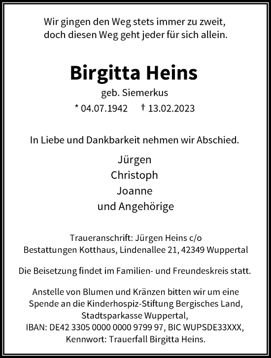 Traueranzeige von Birgitta Heins von trauer.wuppertaler-rundschau.de
