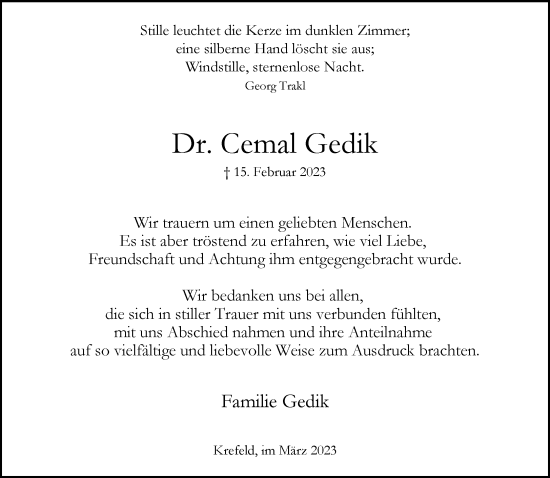 Traueranzeige von Cemal Gedik von trauer.mein.krefeld.de