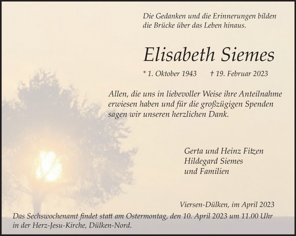  Traueranzeige für Elisabeth Siemes vom 02.04.2023 aus trauer.extra-tipp-moenchengladbach.de