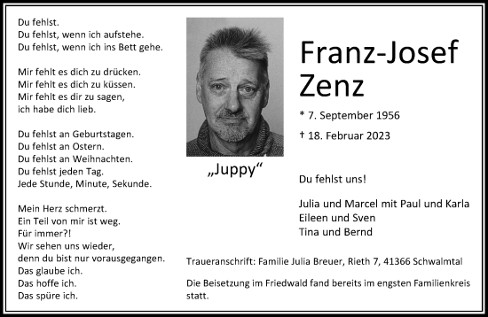 Traueranzeige von Franz-Josef Zenz von trauer.extra-tipp-moenchengladbach.de