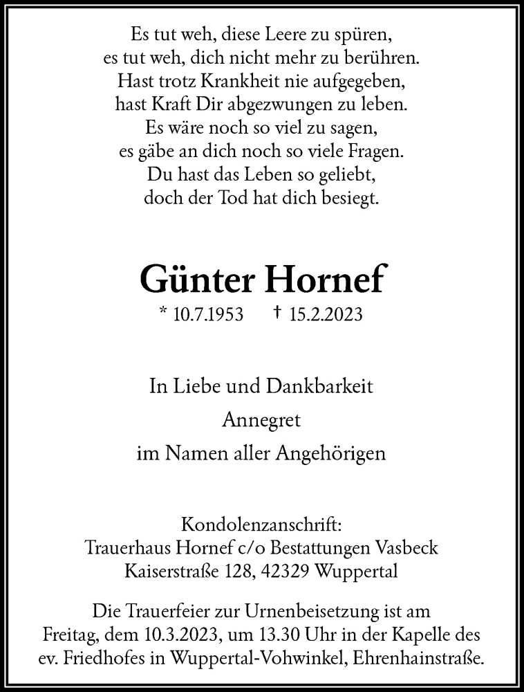  Traueranzeige für Günter Hornef vom 04.03.2023 aus trauer.wuppertaler-rundschau.de