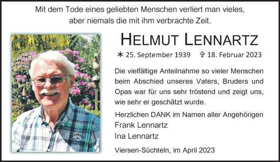 Traueranzeige von Helmut Lennartz von trauer.extra-tipp-moenchengladbach.de