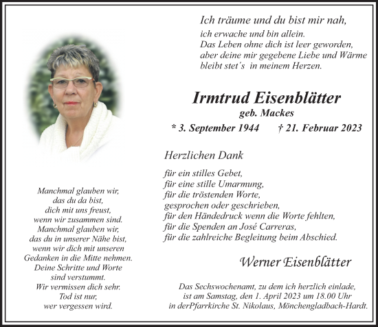 Traueranzeige von Irmtrud Eisenblätter von trauer.extra-tipp-moenchengladbach.de