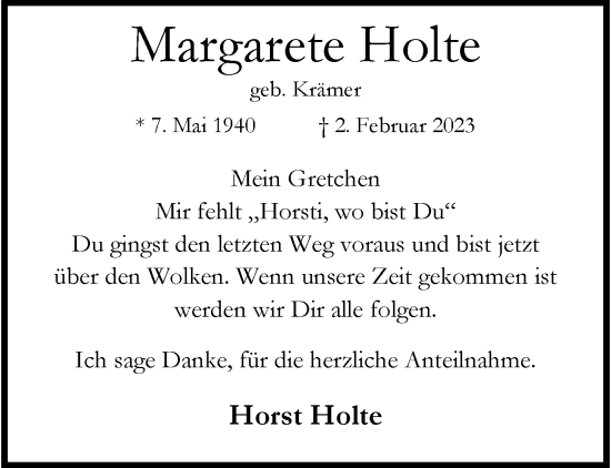 Traueranzeige von Margarete Holte von trauer.wuppertaler-rundschau.de
