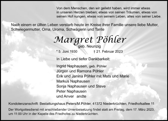 Traueranzeige von Margret Pöhler von trauer.extra-tipp-moenchengladbach.de