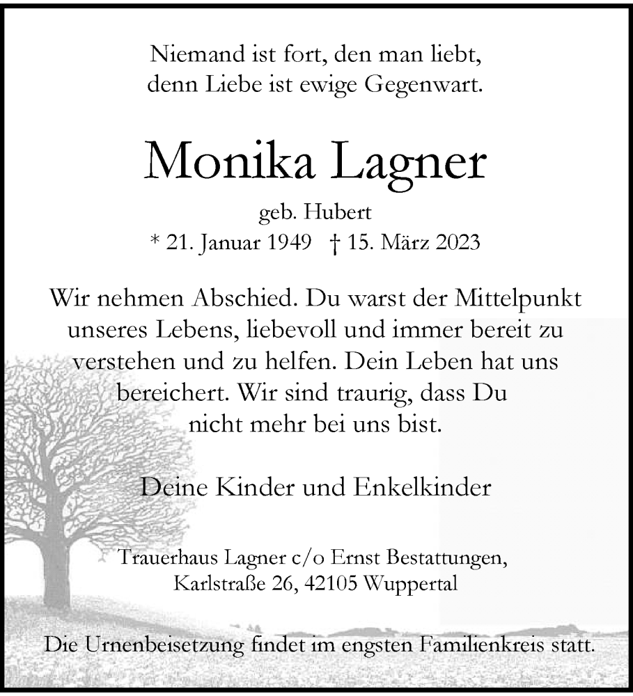  Traueranzeige für Monika Lagner vom 25.03.2023 aus trauer.wuppertaler-rundschau.de
