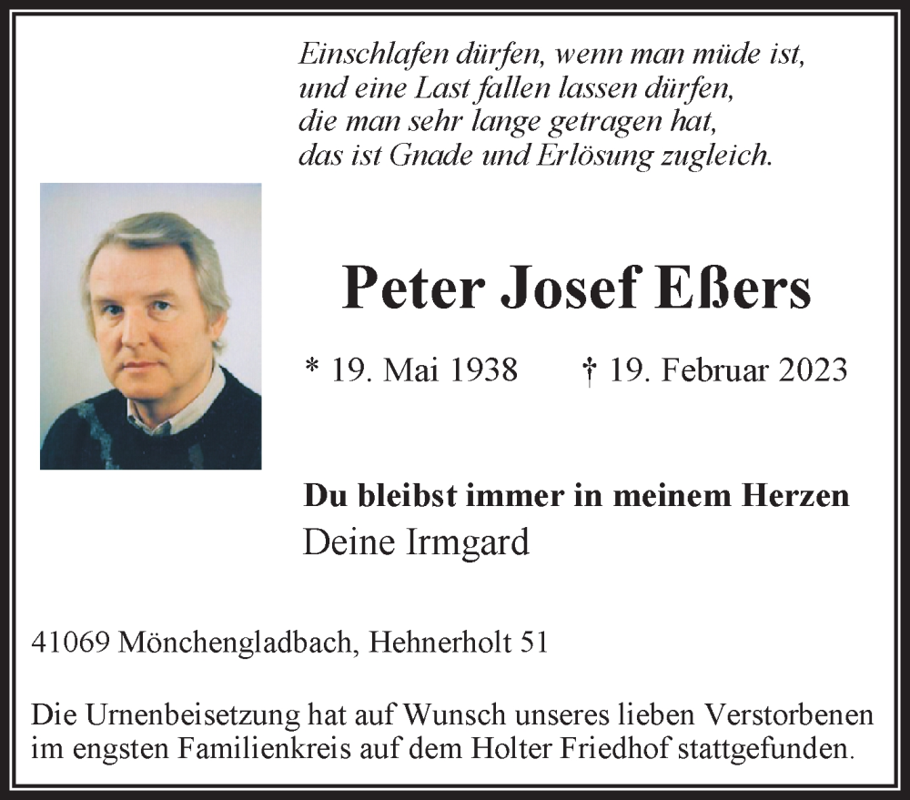  Traueranzeige für Peter Josef Eßers vom 12.03.2023 aus trauer.extra-tipp-moenchengladbach.de