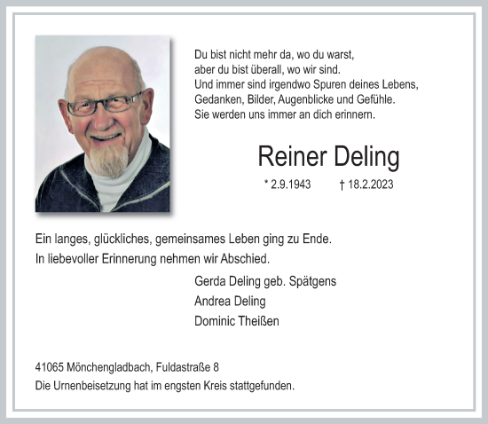 Traueranzeige von Reiner Deling von trauer.extra-tipp-moenchengladbach.de