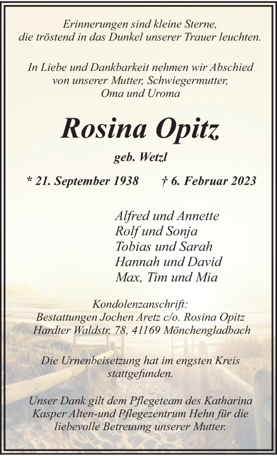 Traueranzeige von Rosina Opitz von trauer.extra-tipp-moenchengladbach.de