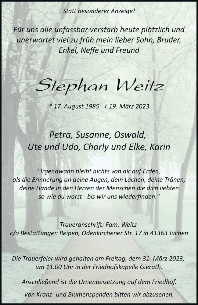  Traueranzeige für Stephan Weitz vom 25.03.2023 aus trauer.stadt-kurier.de