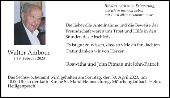 Traueranzeige von Walter Ambour von trauer.extra-tipp-moenchengladbach.de
