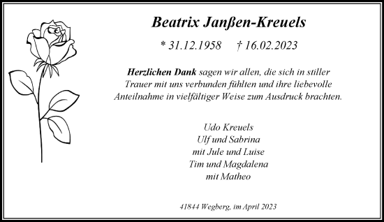 Traueranzeige von Beatrix Janßen-Kreuels von trauer.extra-tipp-moenchengladbach.de