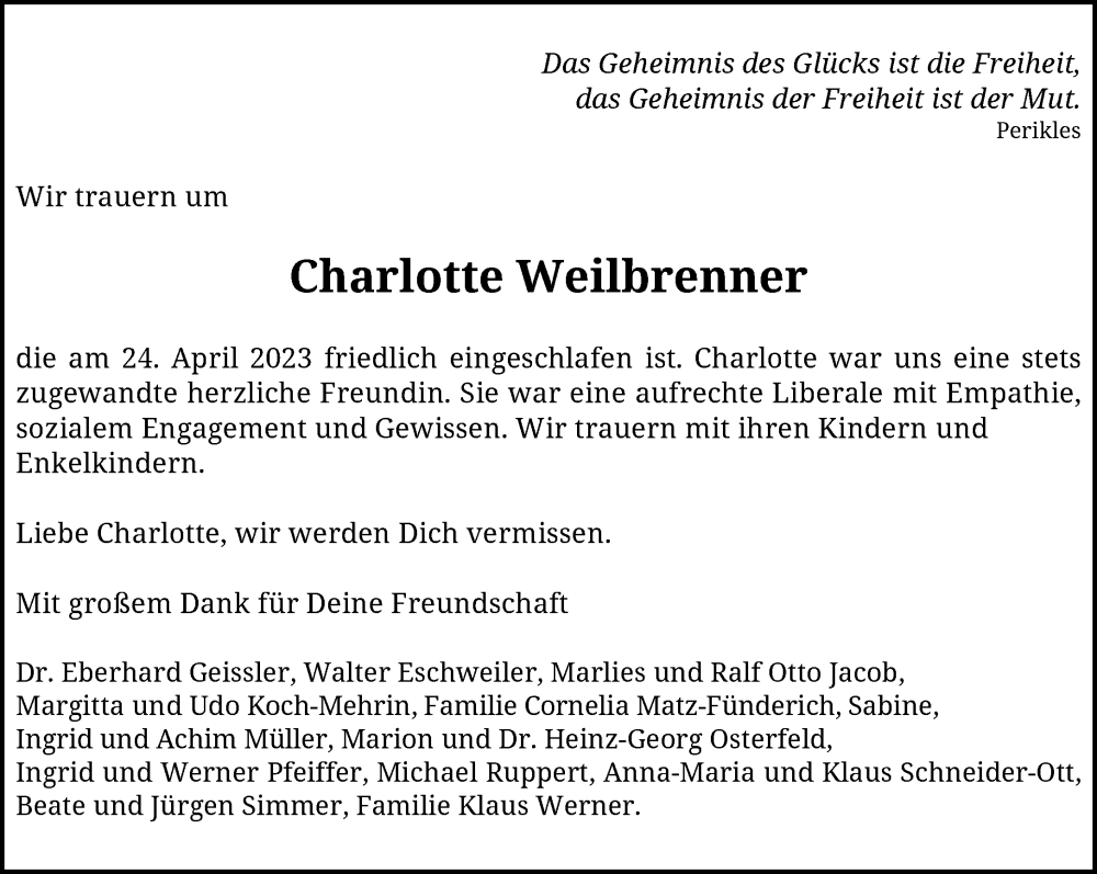  Traueranzeige für Charlotte Weilbrenner vom 29.04.2023 aus trauer.wuppertaler-rundschau.de