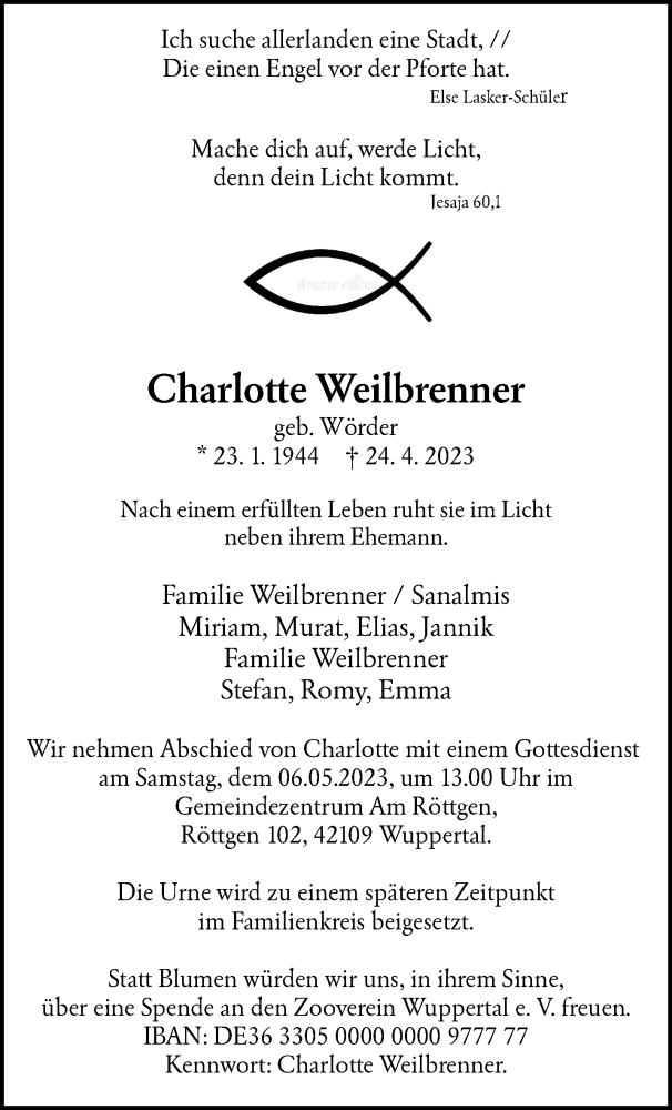  Traueranzeige für Charlotte Weilbrenner vom 29.04.2023 aus trauer.wuppertaler-rundschau.de