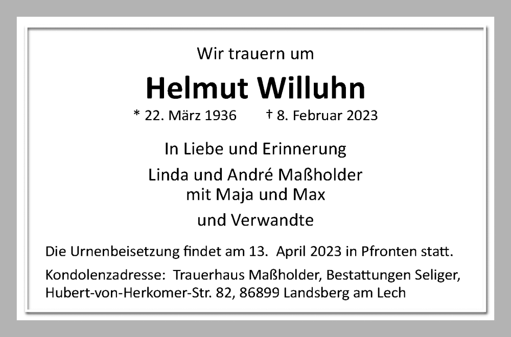  Traueranzeige für Helmut Willuhn vom 09.04.2023 aus trauer.mein.krefeld.de