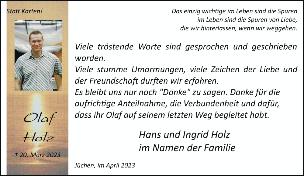 Traueranzeige für Olaf Holz vom 15.04.2023 aus trauer.stadt-kurier.de