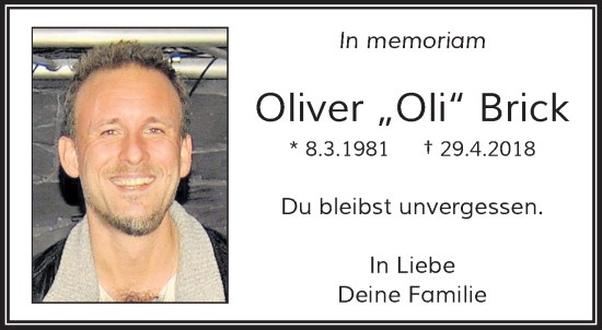Traueranzeige von Oliver Brick von trauer.wuppertaler-rundschau.de