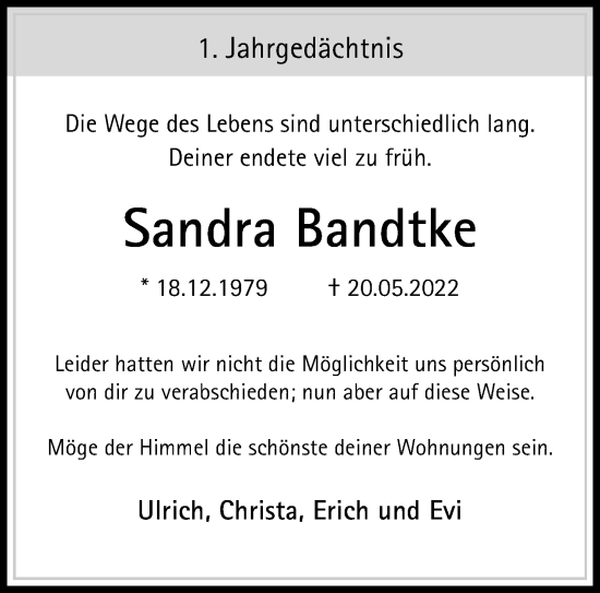 Traueranzeige von Sandra Bandtke von trauer.mein.krefeld.de
