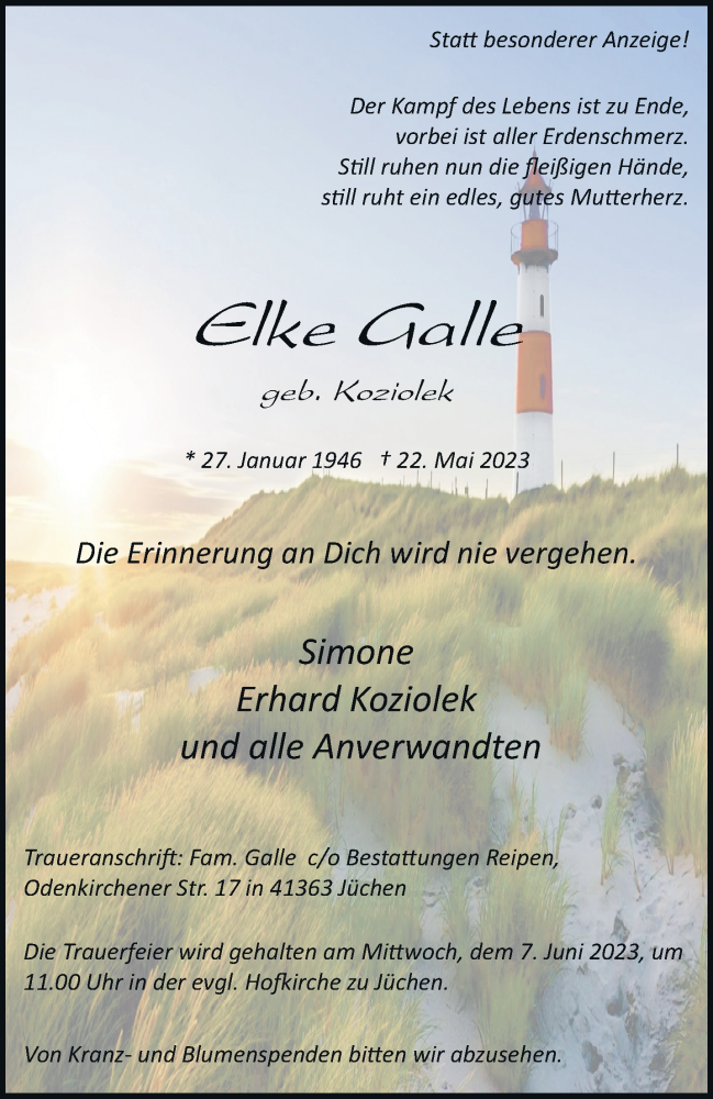  Traueranzeige für Elke Galle vom 03.06.2023 aus trauer.stadt-kurier.de
