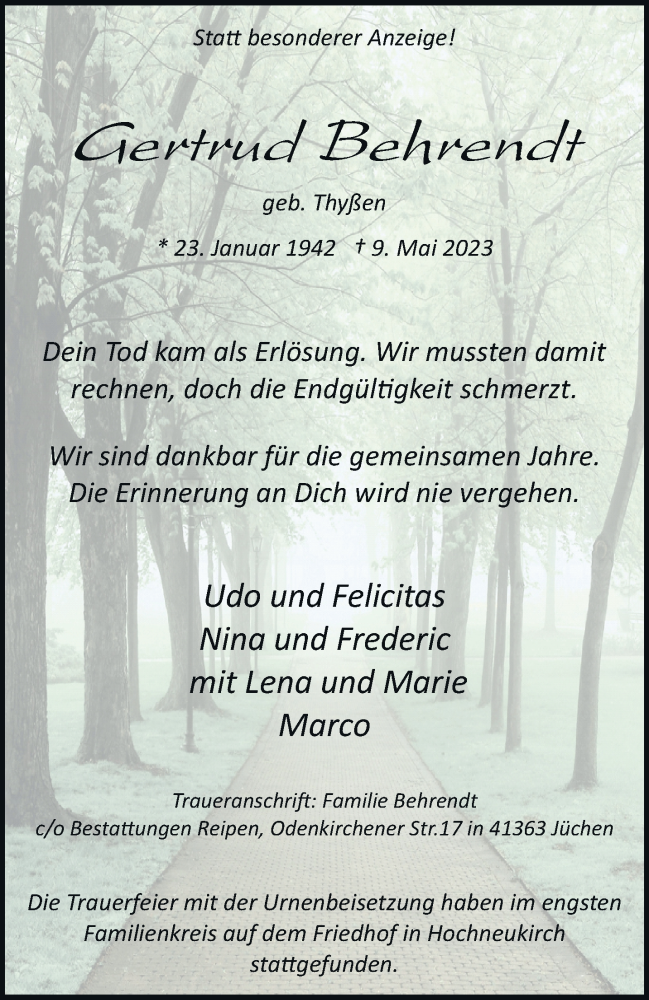  Traueranzeige für Gertrud Behrendt vom 03.06.2023 aus trauer.stadt-kurier.de