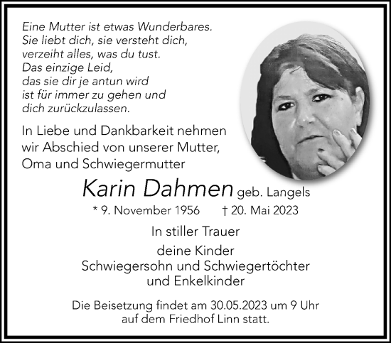 Traueranzeige von Karin Dahmen von trauer.mein.krefeld.de