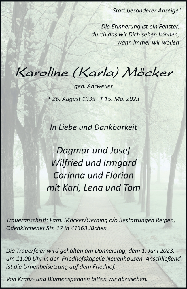  Traueranzeige für Karoline Möcker vom 27.05.2023 aus trauer.stadt-kurier.de