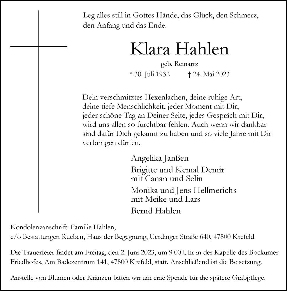  Traueranzeige für Klara Hahlen vom 28.05.2023 aus trauer.mein.krefeld.de