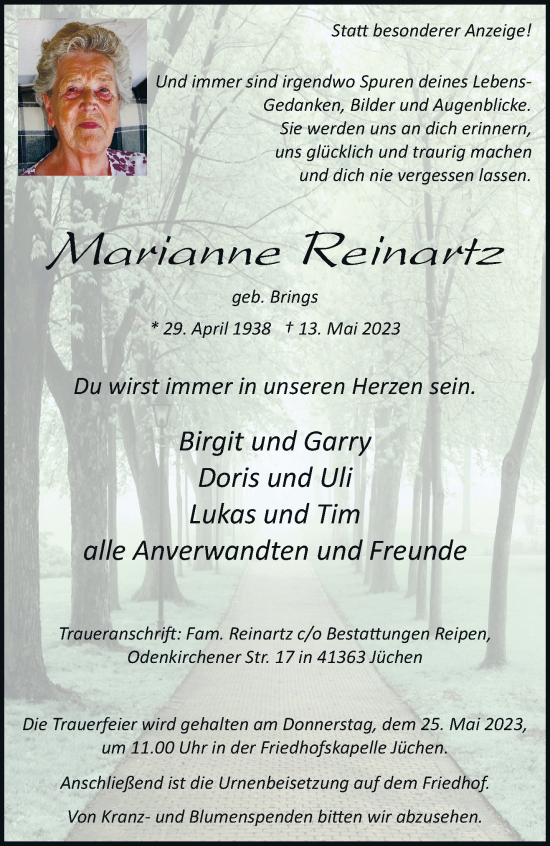 Traueranzeige von Marianne Reinartz von trauer.stadt-kurier.de