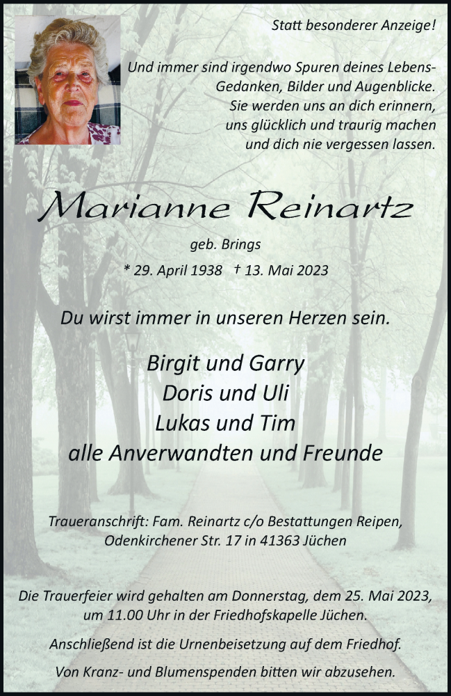  Traueranzeige für Marianne Reinartz vom 20.05.2023 aus trauer.stadt-kurier.de