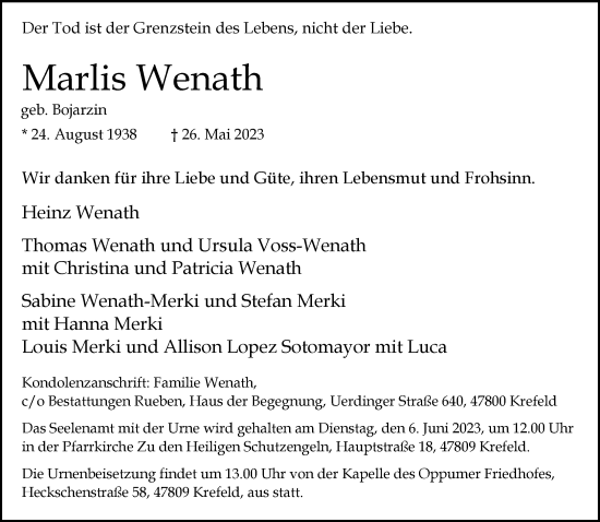 Traueranzeige von Marlis Wenath von trauer.mein.krefeld.de