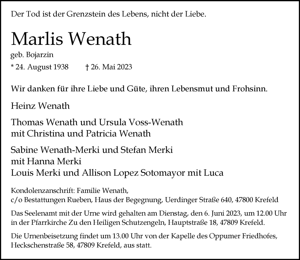 Traueranzeige für Marlis Wenath vom 04.06.2023 aus trauer.mein.krefeld.de