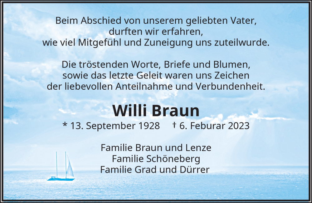  Traueranzeige für Willi Braun vom 20.05.2023 aus trauer.wuppertaler-rundschau.de